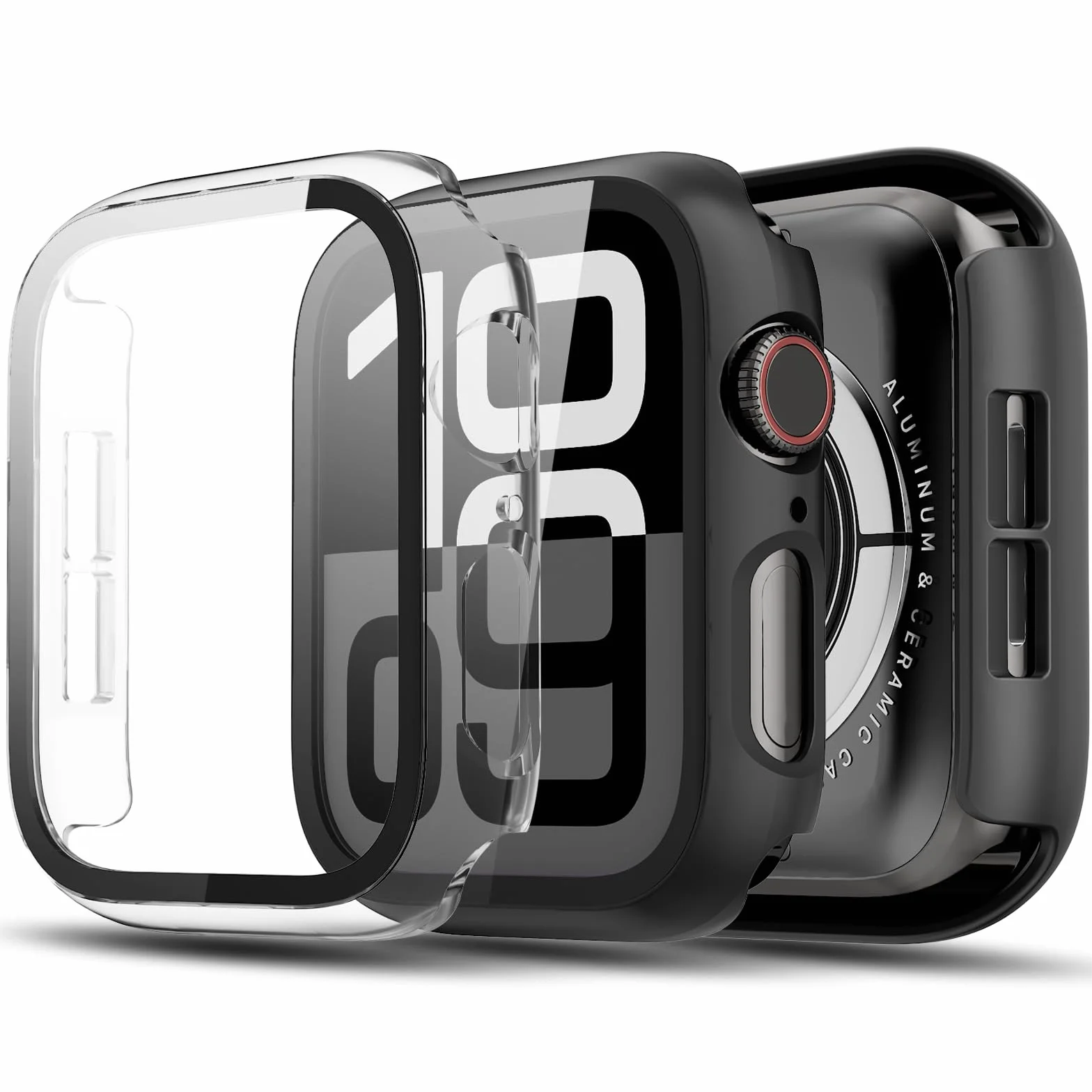 2 sztuki Kompatybilne z Apple Watch SE 3/SE 2/SE/6/5/4 etui ochronne z folią ochronną na wyświetlacz 44 mm, twarda obudowa, wbudowana, odporna na zarysowania szkło hartowane, folia ochronna do