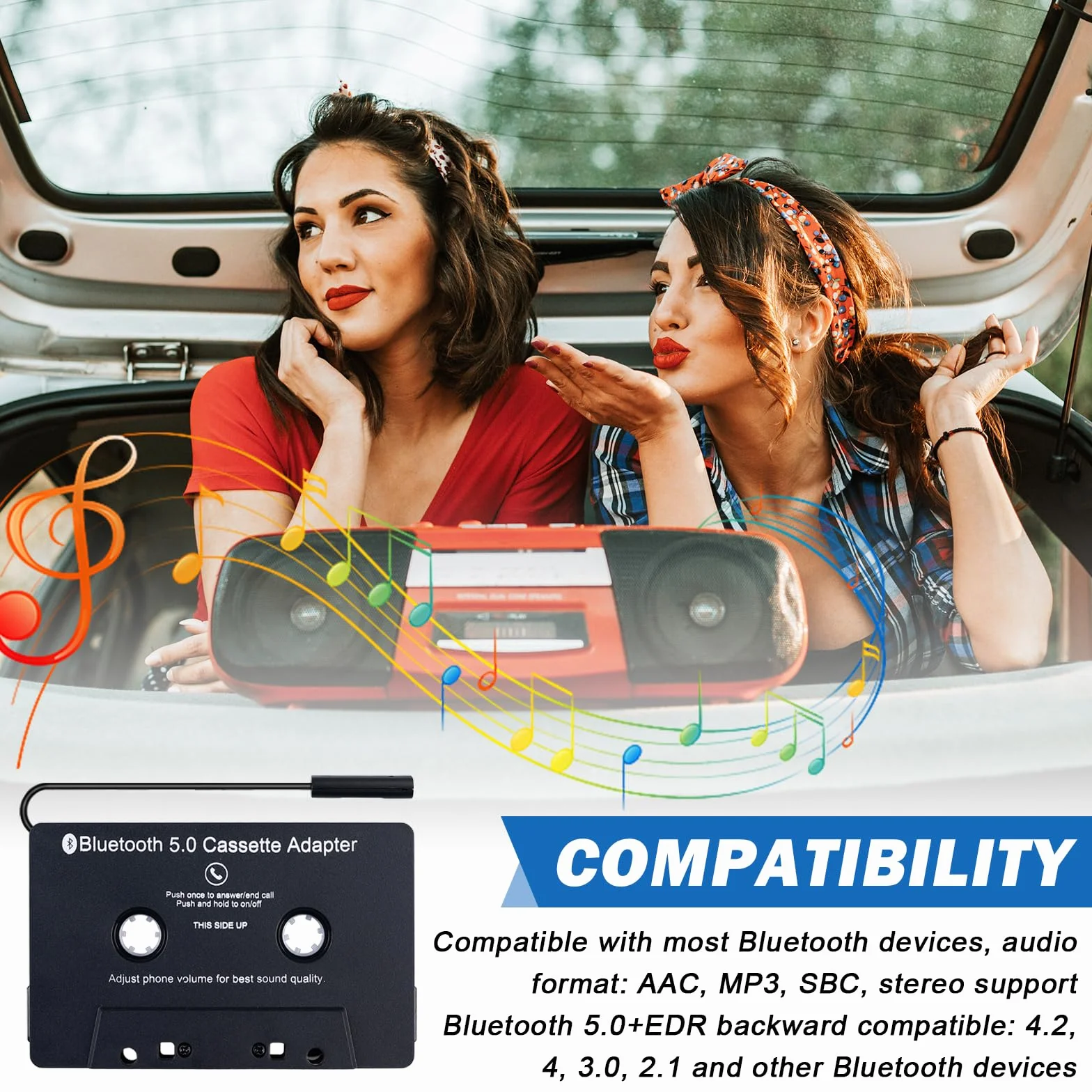 Sporgo Adapter kaset do radia samochodowego: Bluetooth 5.0 do odbiornika AUX, adapter samochodowy AUX, czarny
