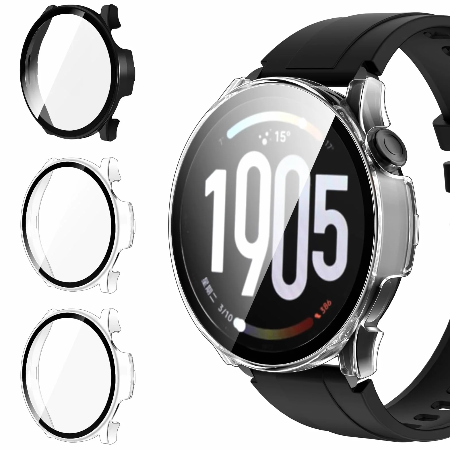 ivoler 3 szt. Etui Hard PC + Szkło Ochronne dla Xiaomi Watch S5 46mm, Pełne Pokrycie, 2 Przezroczyste + 1 Czarny