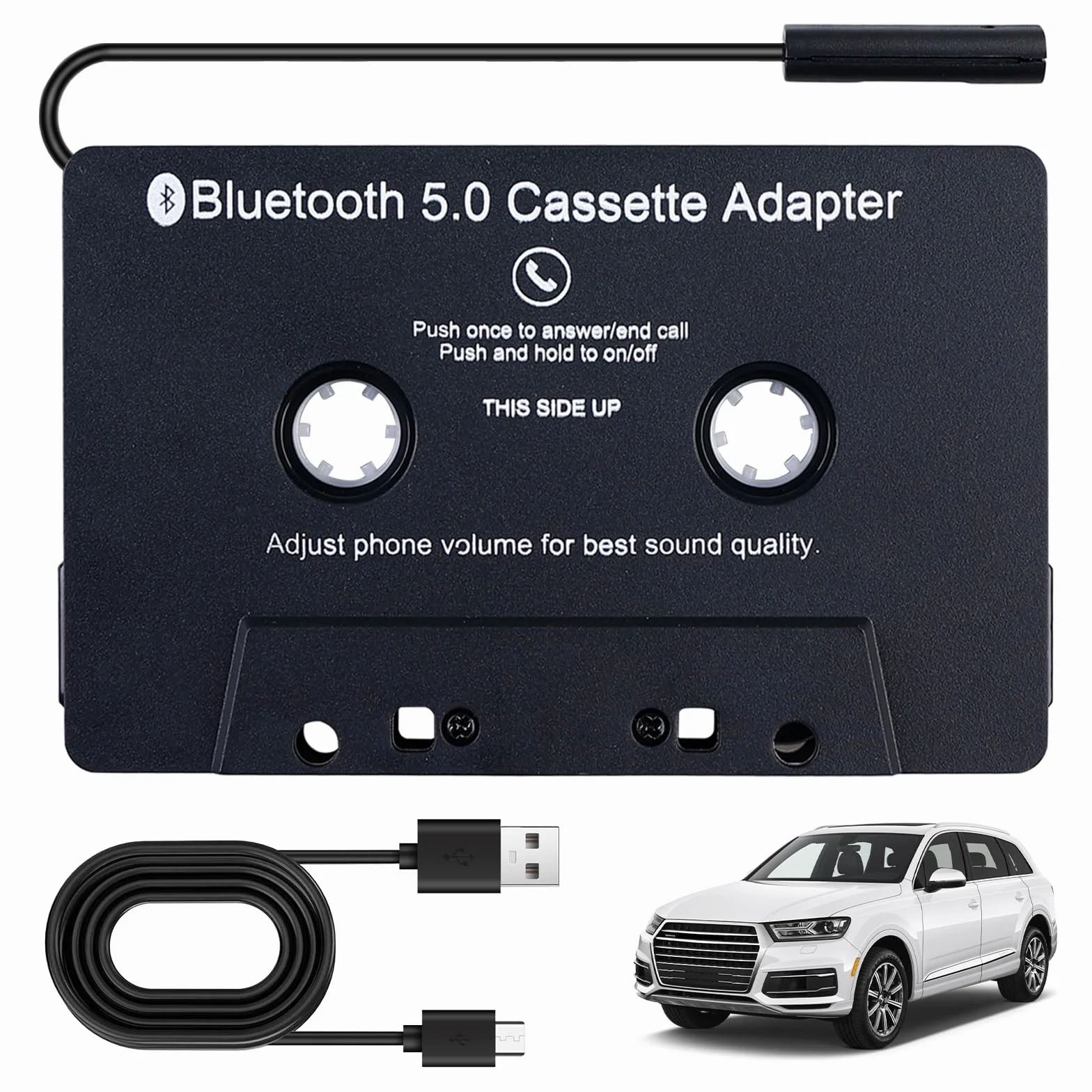 Sporgo Adapter kaset do radia samochodowego: Bluetooth 5.0 do odbiornika AUX, adapter samochodowy AUX, czarny