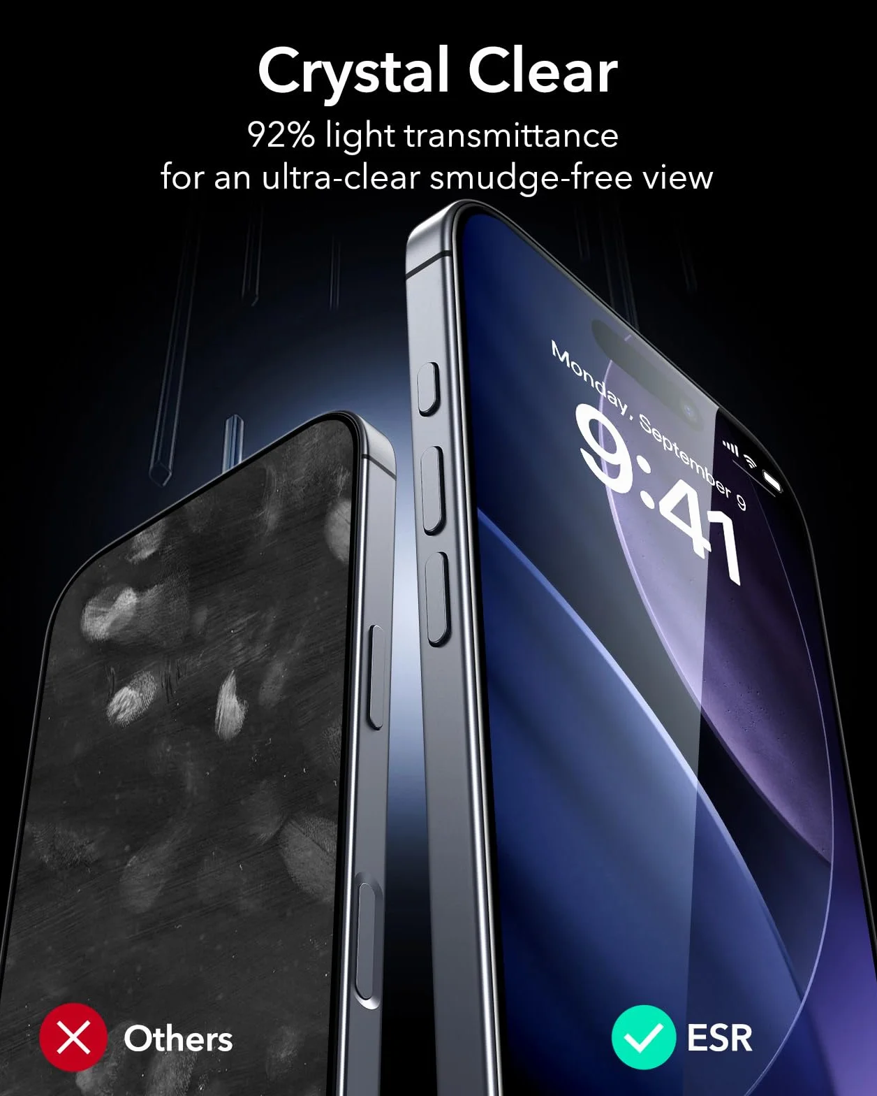 ESR Folia ochronna na ekran iPhone'a 17/iPhone'a 16 Pro, twardość 9H, klasa wojskowa, nietłukąca, pełne pokrycie, folia ze szkła hartowanego z łatwym narzędziem instalacyjnym, przezroczysta HD