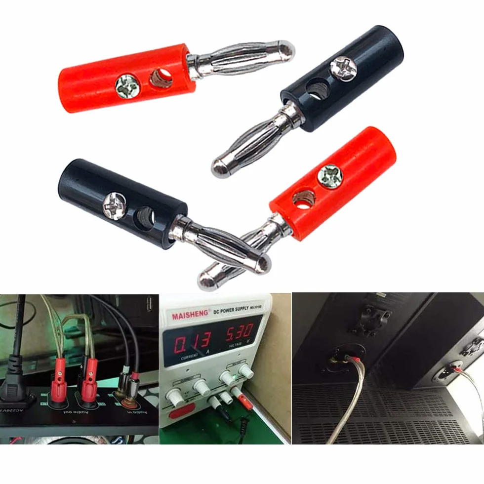 30 szt. 4 mm wtyczka bananowa, niklowane złącze wtykowe bananowe, adapter złącza bananowego bez lutowania, do głośnika, odbiornika audio/wideo (czerwony, czarny)