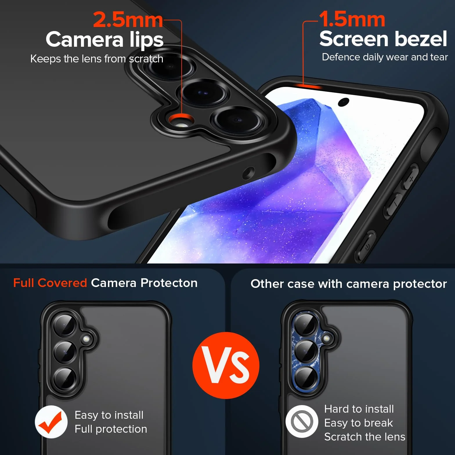 iVoler Etui do Samsung Galaxy A55 5G z 2x szkłem hartowanym, matowe, czarne, ochrona aparatu, standard wojskowy