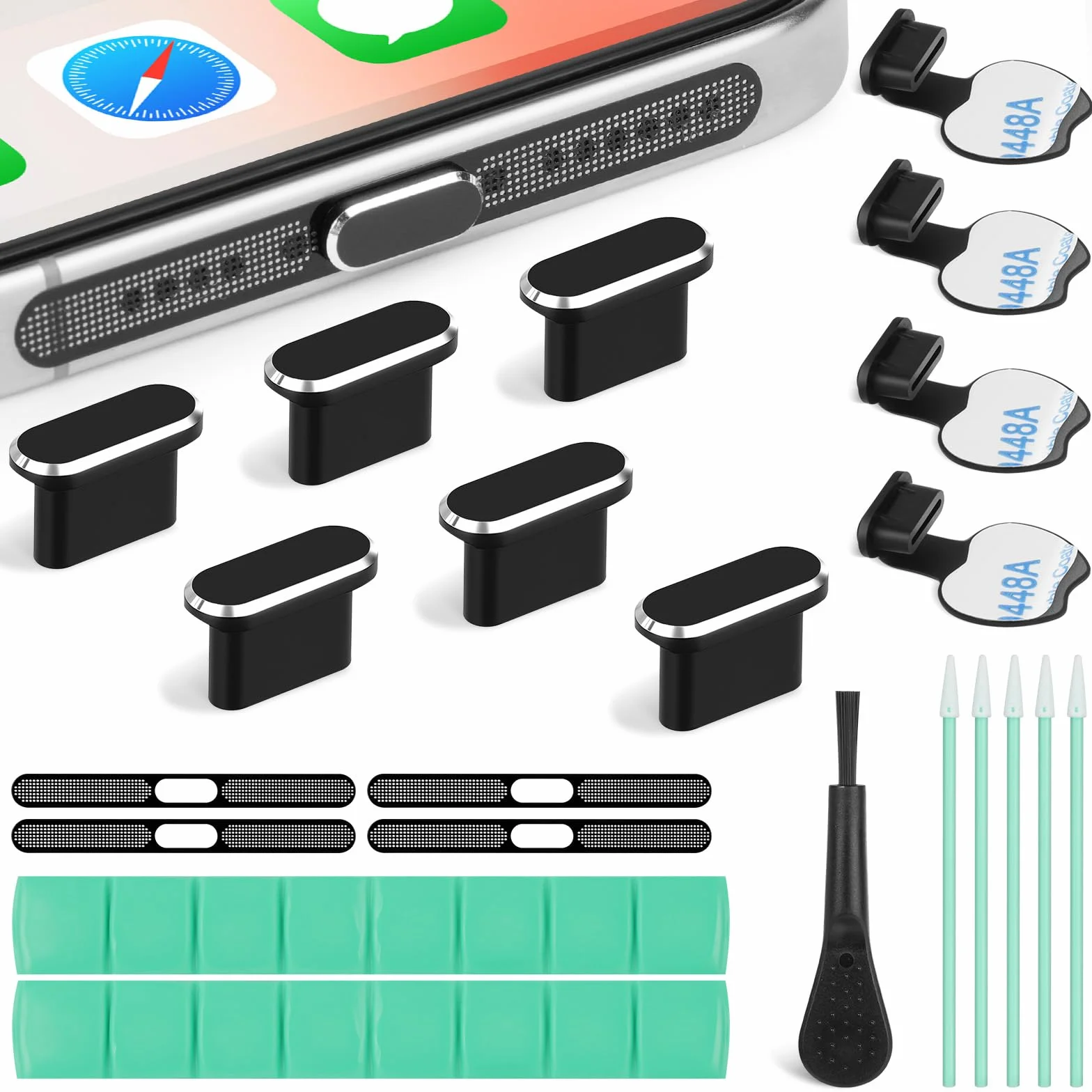 AXFEE Zatyczki przeciwpyłowe USB C, 21 szt., zestaw do czyszczenia portów telefonicznych, osłona przeciwpyłowa typu C, ze szczotką do czyszczenia, pyłoszczelne naklejki z siatki, szpachla czyszcząca