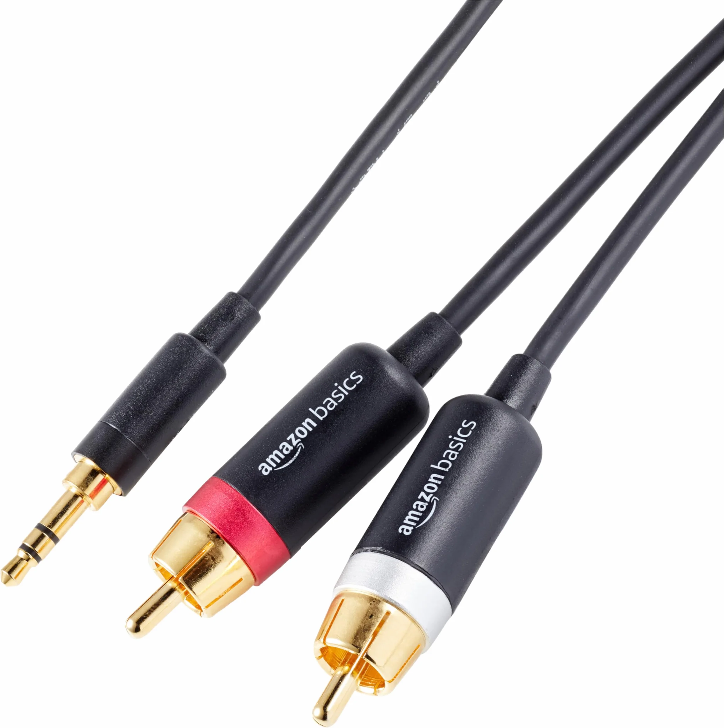 Amazon Basics Kabel Audio 3,5 AUX na 2 RCA, Adapter Do Wzmacniaczy, Do Aktywnych Głośników, Z Pozłacanymi Wtyczkami, Czarny, 2,44 m