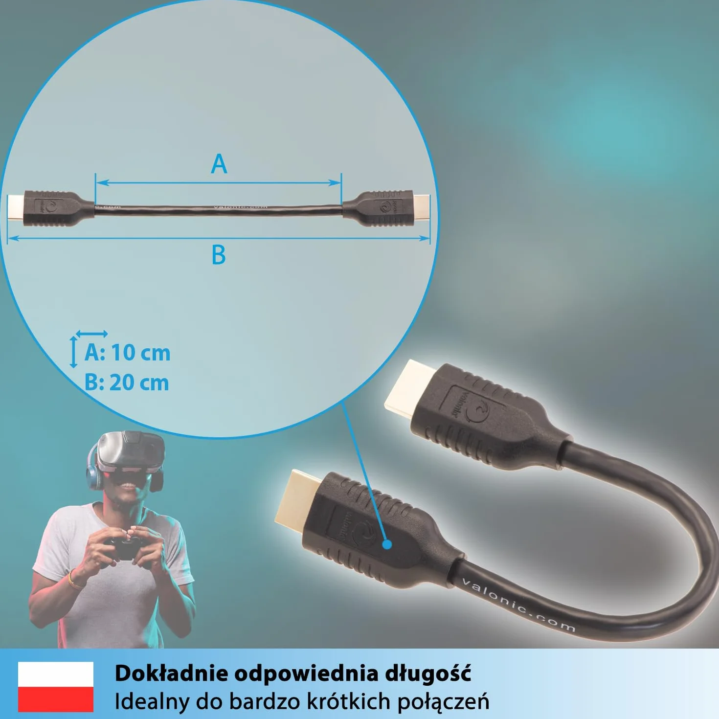 valonic Kabel HDMI krótki, 20 cm – 4 K, ARC, UHD, Full HD, Ethernet – czarny – kabel TV 0,2 m, kabel do monitora, krótki kabel HDMI do komputera lub przełącznika…