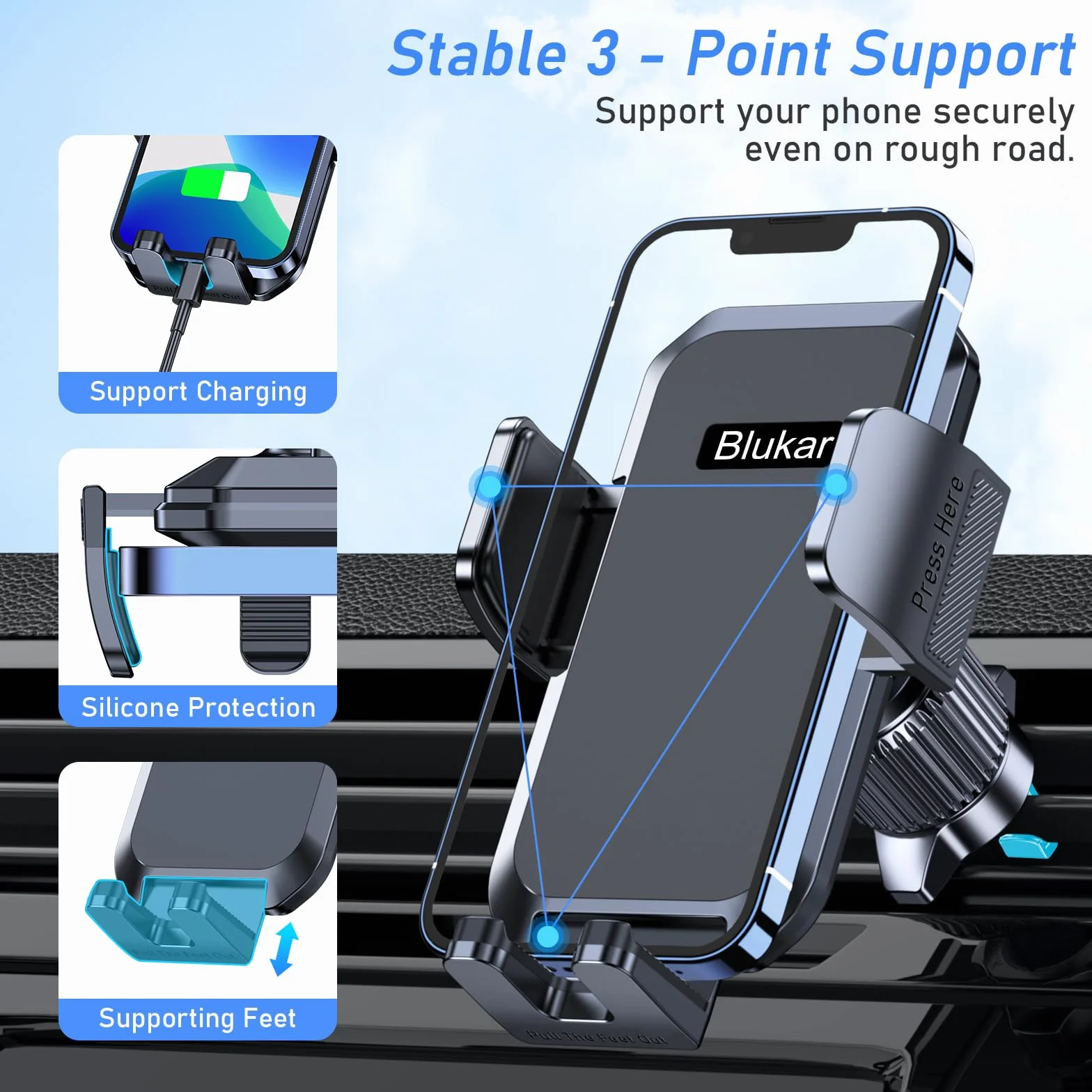 Blukar Wsparcie Mobile Samochód, Wsparcie Telefon Powietrza Samochodu Wentylacja z 2023 Upgraded Klip Stabilny&360° Obrót, Zwolnienie Jeden Przycisk Uchwyt Mobile Samochodu dla Smartphone/GPS