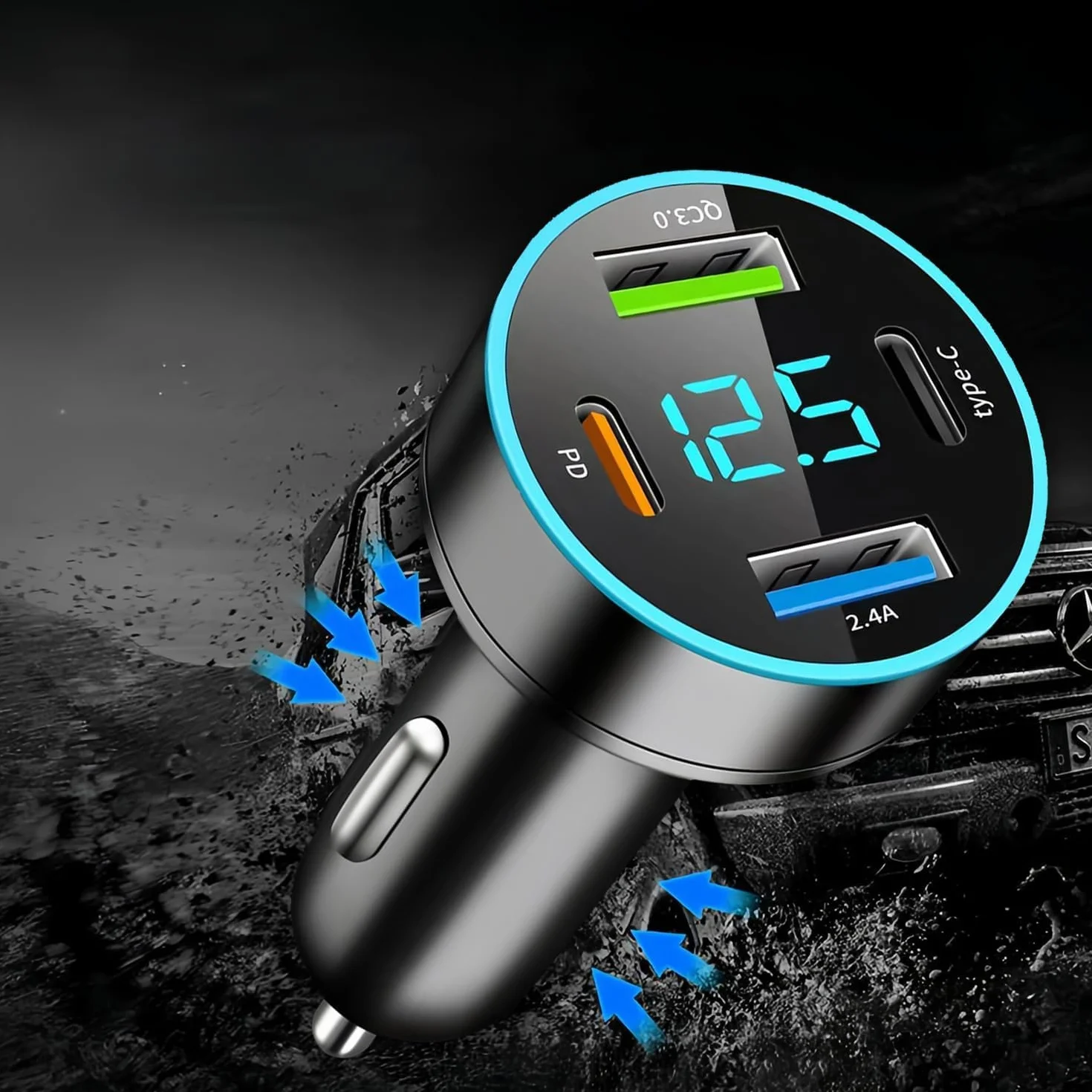 Ładowarka samochodowa USB C 50 W QC3.0 PD z woltomierzem LED