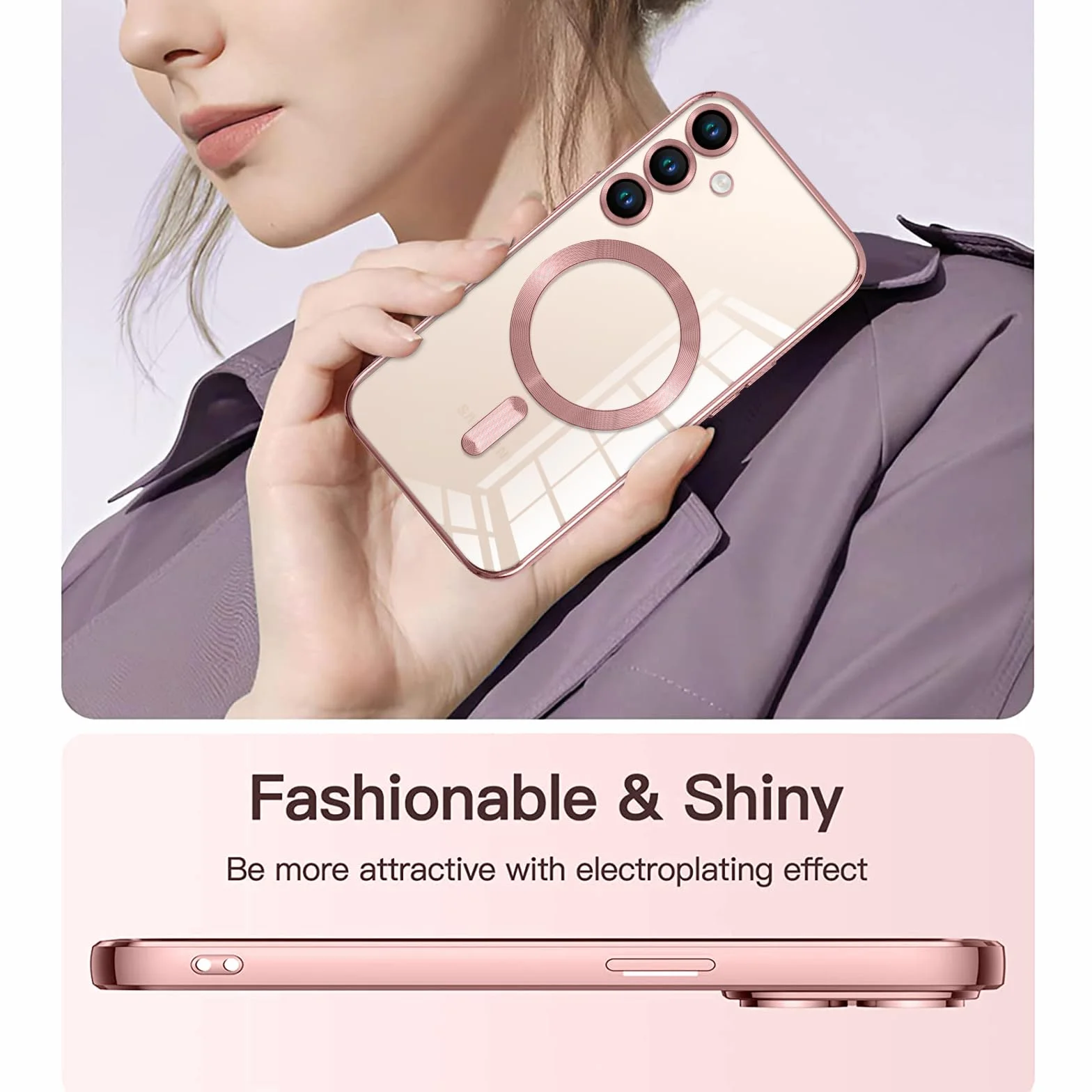 Pnakqil Etui magnetyczne do Samsung Galaxy S25 z paskiem, przezroczysta siliikonowa osłona, różowa