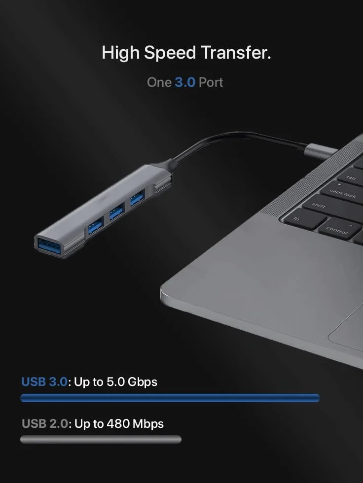 4-portowy koncentrator USB Magnet 4 w 1 z 1x USB 3.0 i 3X USB 2.0, srebrny szary, do laptopów z systemem iOS, WS i innych urządzeń z interfejsem (koncentrator USB-C)