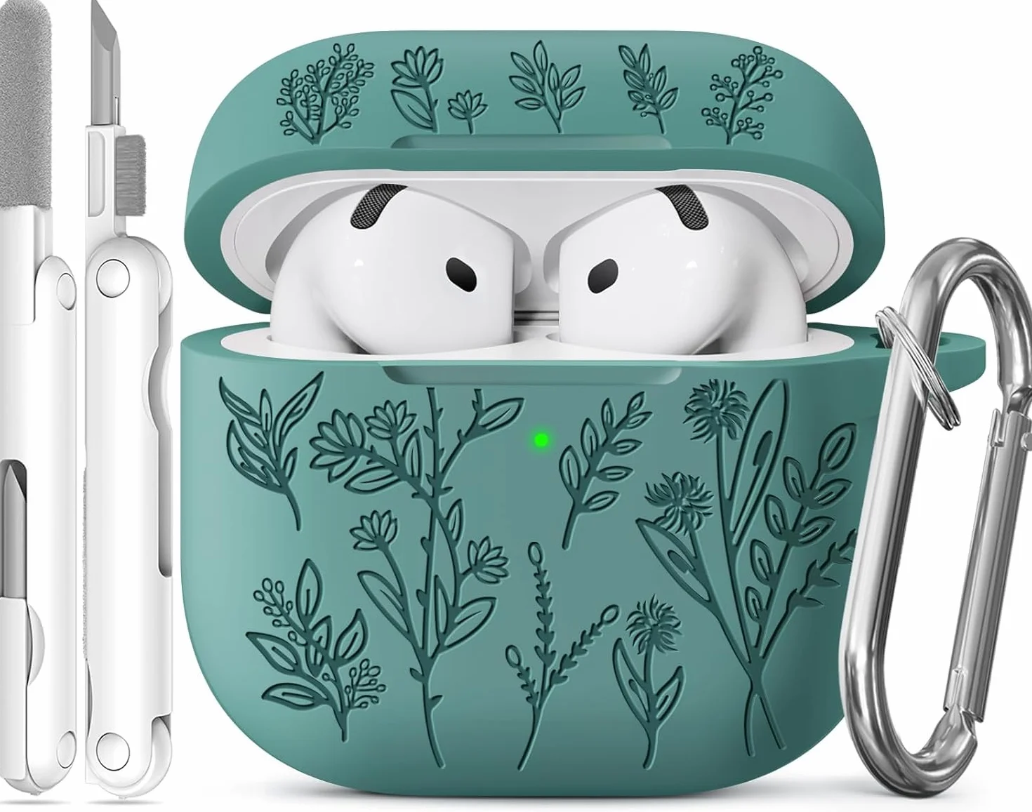 Etui ochronne kompatybilne z AirPods 4 (2024) z uroczym laserowo grawerowanym wzorem trawy, odpowiednie dla kobiet, w zestawie z kompletem do czyszczenia i brelokiem (Zielony)