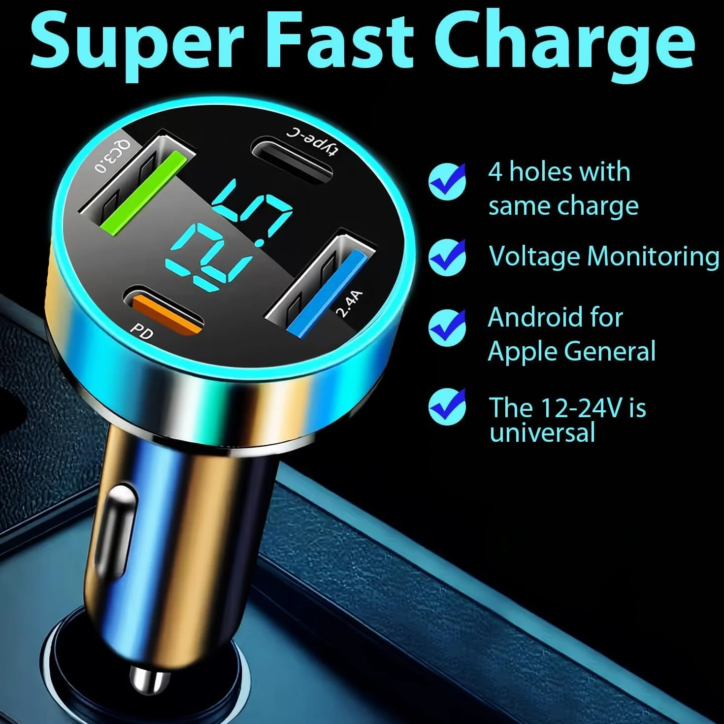 Ładowarka samochodowa USB C 50 W QC3.0 PD z woltomierzem LED