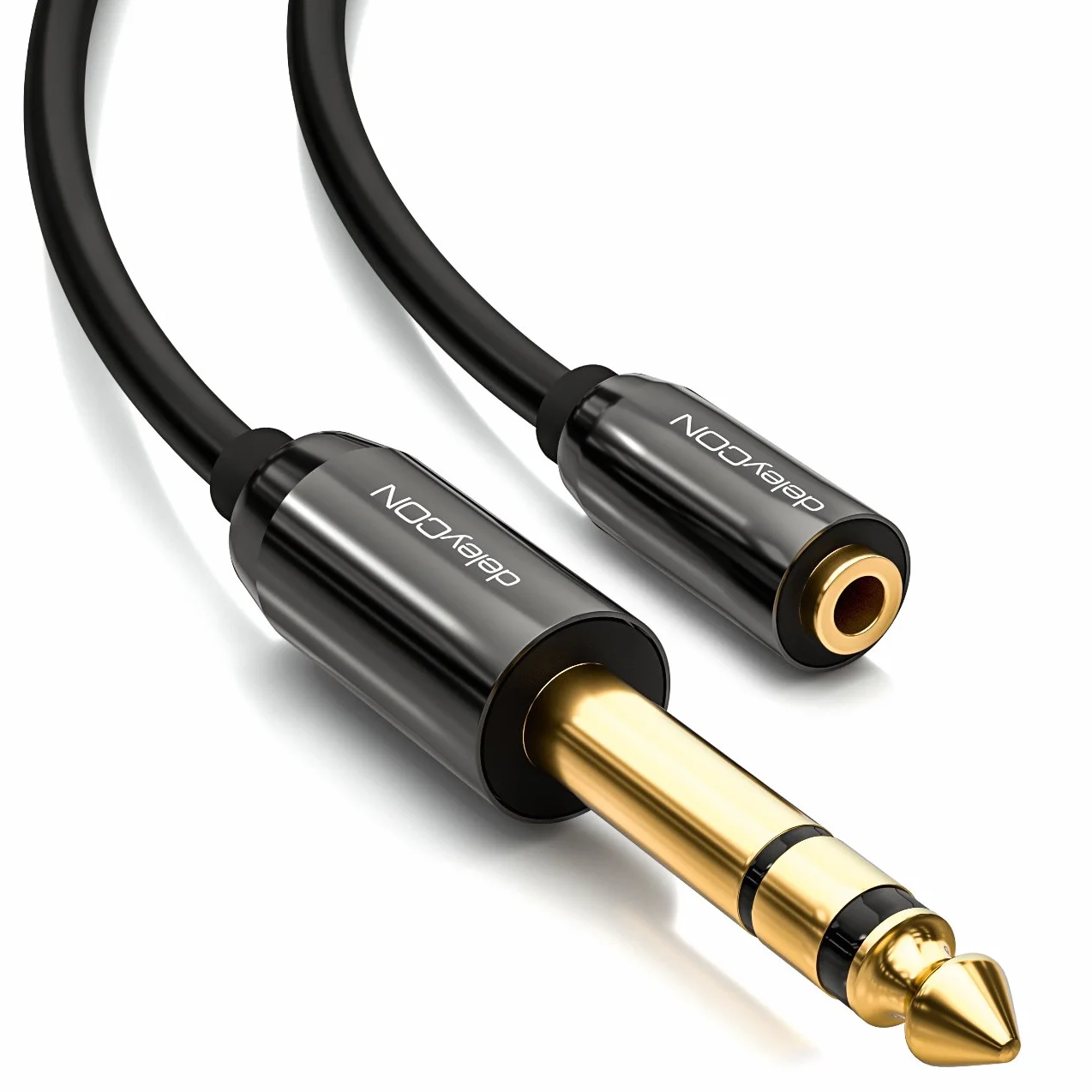 deleyCON 0,2m Adapter Kabel Audio Stereo - Jack 6,3 mm Wtyk na Jack 3,5 mm Gniazdo - Pozłacane Styki - Krótki 20 cm - Czarny