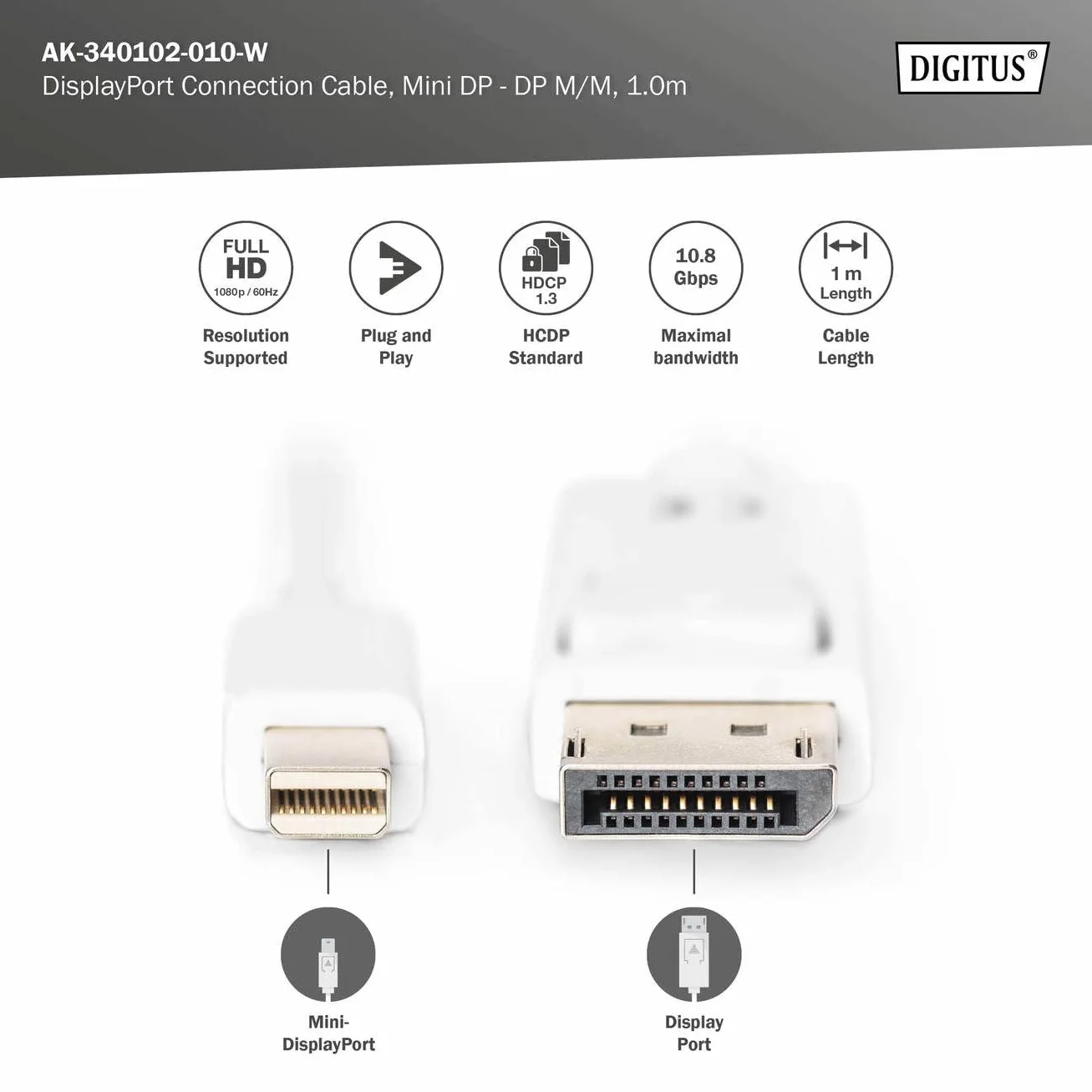 DIGITUS Kabel przejściówka DisplayPort - mini DP do DP - FullHD 1080p/60Hz - 2m - blokada - Displayport 1.1a - Kompatybilny z MacBook, Mac, PC
