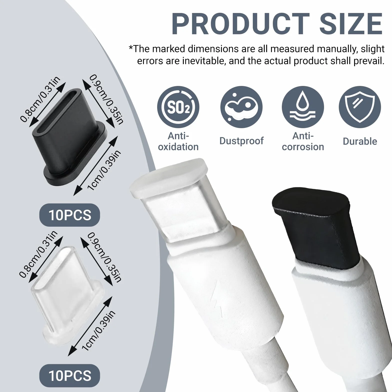 20 sztuk nasadek ochronnych USB-C na wtyczkę i kabel – ochrona przed kurzem zatyczka USB C z silikonu – chroni złącze USB typu C – do smartfonów, laptopów, kolor czarny i przezroczysty