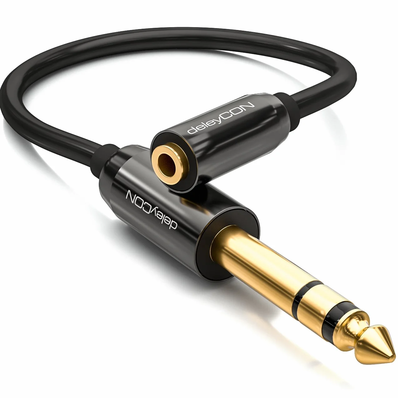 deleyCON 0,2m Adapter Kabel Audio Stereo - Jack 6,3 mm Wtyk na Jack 3,5 mm Gniazdo - Pozłacane Styki - Krótki 20 cm - Czarny