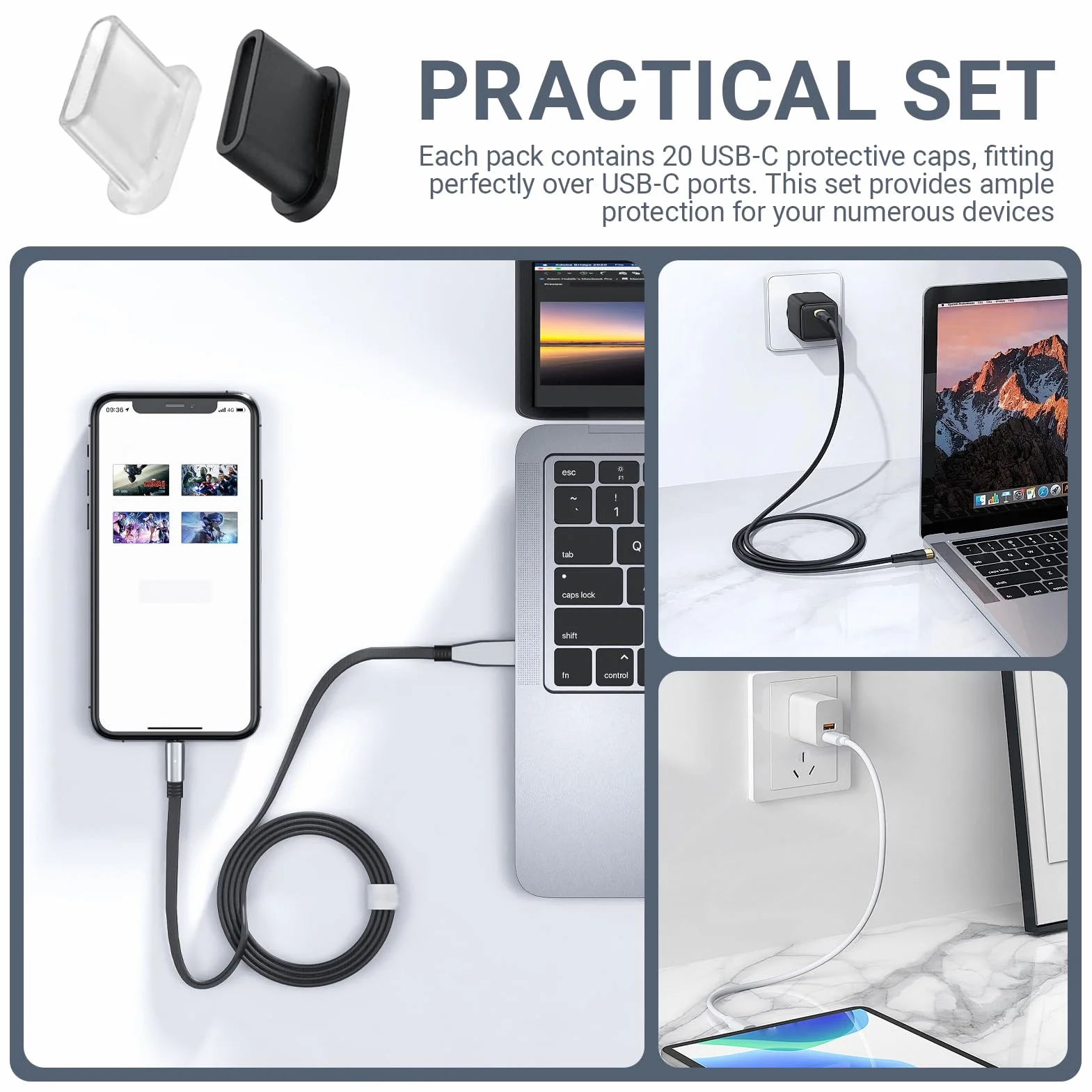 20 sztuk nasadek ochronnych USB-C na wtyczkę i kabel – ochrona przed kurzem zatyczka USB C z silikonu – chroni złącze USB typu C – do smartfonów, laptopów, kolor czarny i przezroczysty