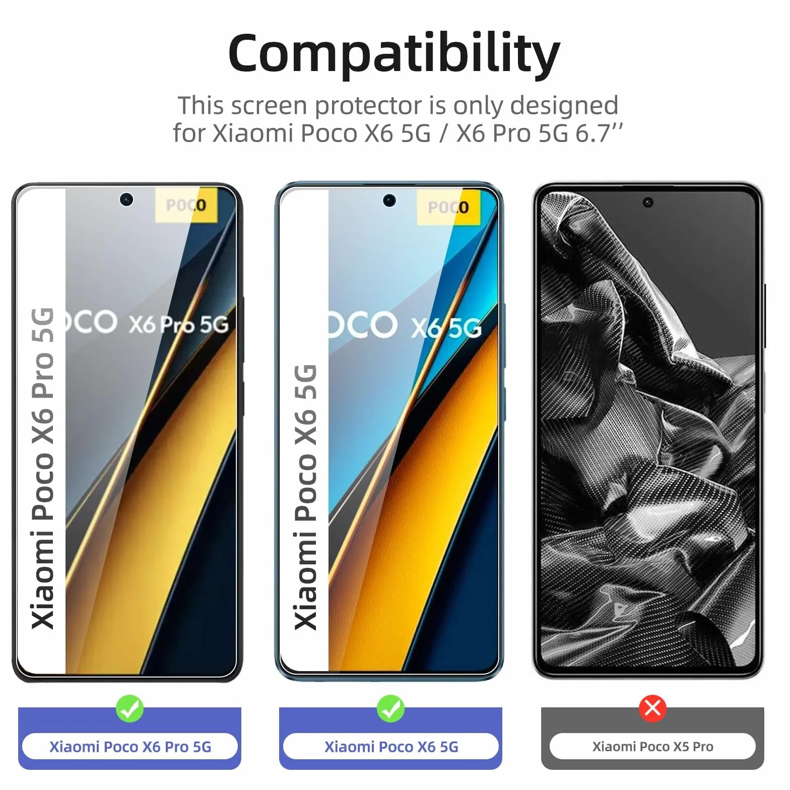 NEW'C 3 Sztuki Szkło dla Xiaomi Poco X6 5G, X6 Pro 5G Hartowane i Folia Ochronna Ochraniacz Ekranu - Bez pęcherzyków powietrza, odporność na zarysowania