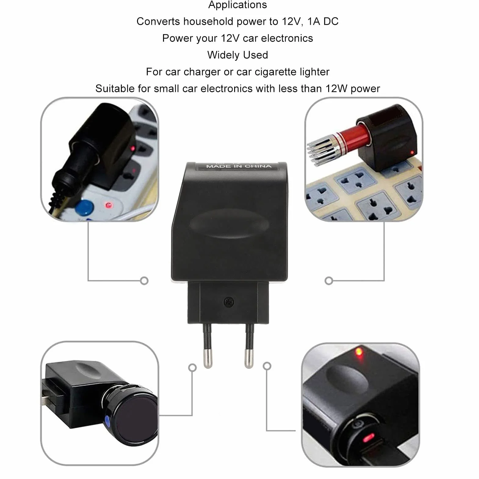 Adapter do Zasilacza AC na DC 12V Konwerter Wtyczki ściennej z Gniazdem Zapalniczki i Wskaźnikiem ładowania LED, do Elektroniki w Małym Samochodzie (Wtyczka UE)