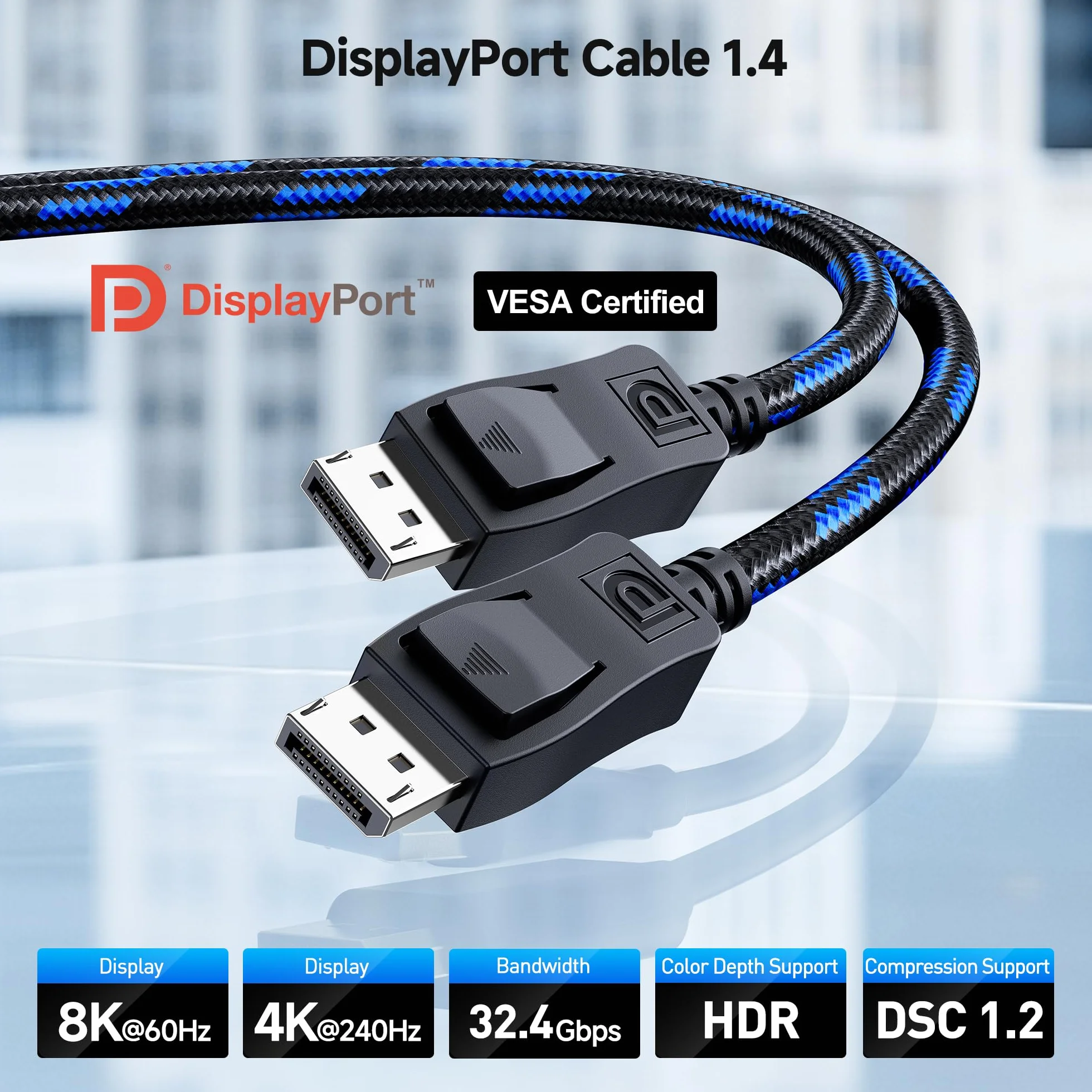Cable Matters Pleciony kabel DisplayPort 1.4 z certyfikatem VESA w pełni obsługuje 8K HDR i DSC - 1,8 m